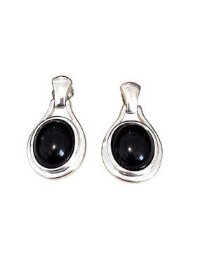 Vintage Sterling Silver Black Tourmaline Dangle Drop Pierced Earrings